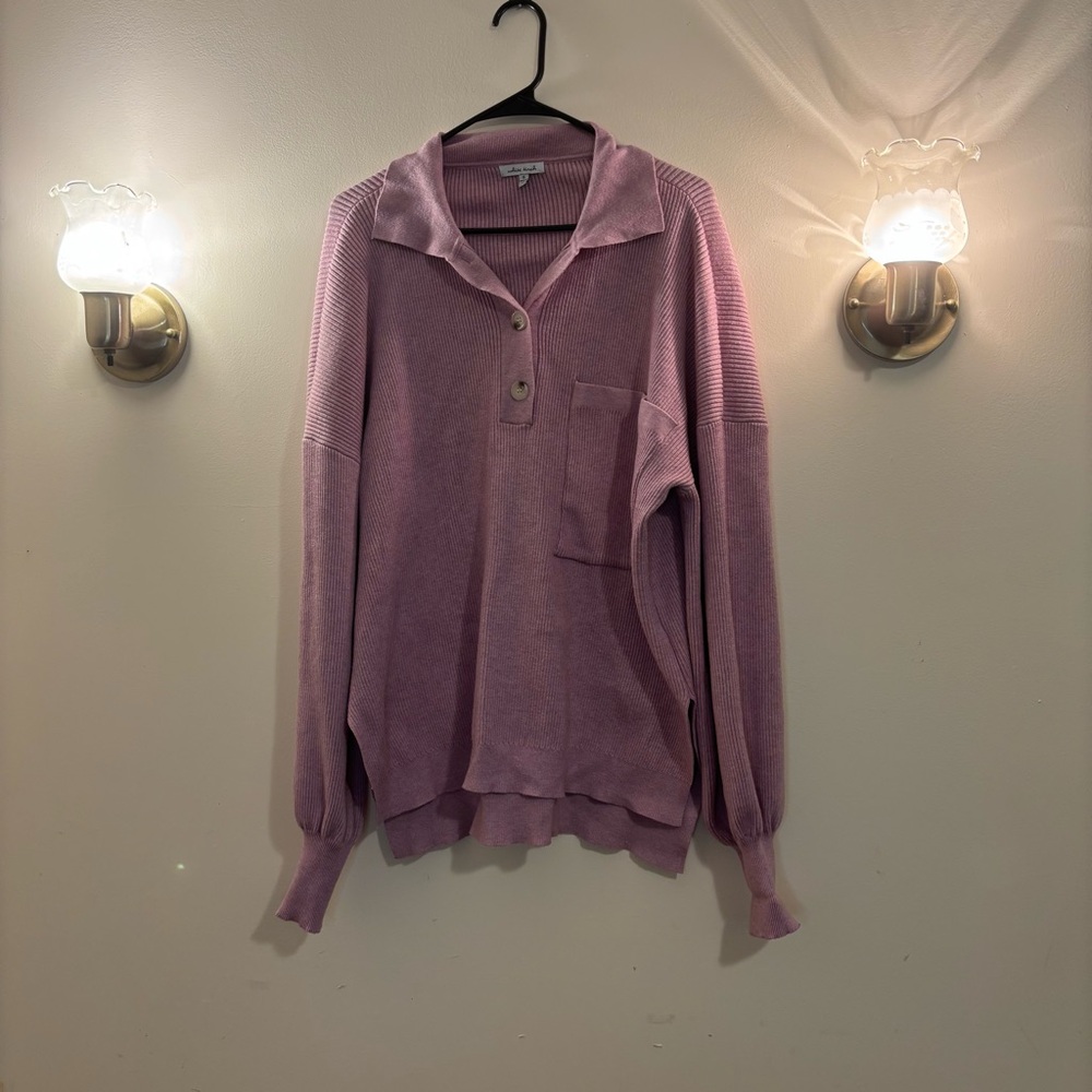 White Birch Mauve Ribbed Oversized Henley Collared Pullover Sweater Top